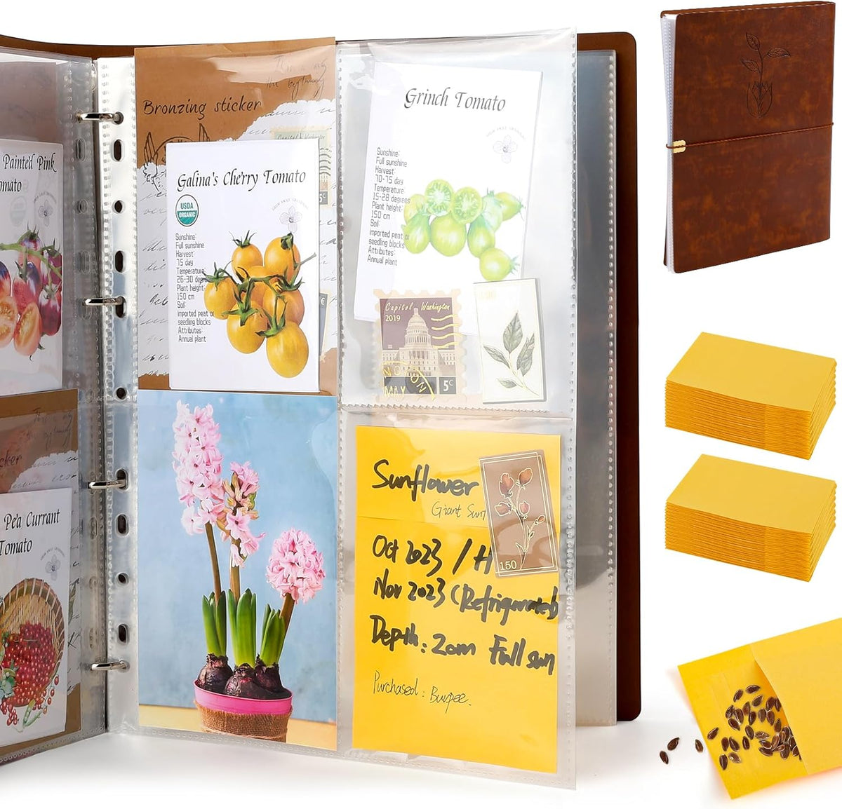 Seed Packet Organizer Binder, Garden Planner Packet with 25 Pack Clear Pocket Sleeves(Slot 3.9" x 5.5") 50Pcs Seed Storage Envelopes, Fit for Standard Seed Packets