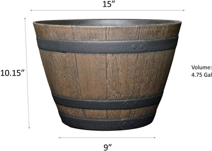 Classic Home and Garden Outdoor Whiskey Resin Flower Pot Barrel Planter, Walnut Brown, 15"