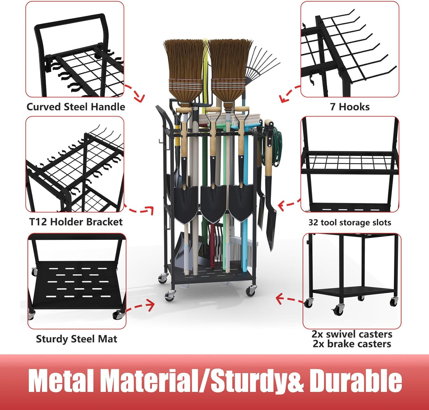 Faesun Garden Tool Organizer, 3-Tier Metal Yard Tool Rack with 14 Hooks & 5 Slots, Holds 50+ Rakes/Shovels/Brooms, Heavy Duty Freestanding Lawn Tool Storage for Garage Shed Outdoor Organization