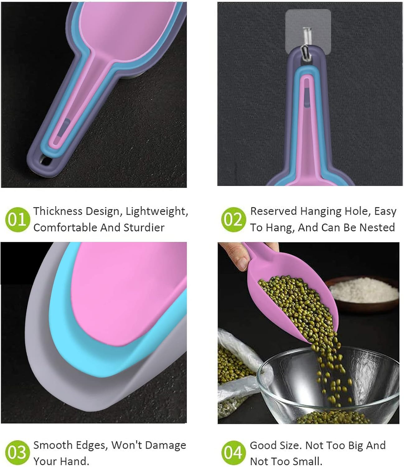 Flour Scoop Set of 3 for Canisters, Ice, Popcorn, Pet Food, Dry Goods, Coffee Beans, Candy - Plastic Scoops 1.7/3.4/5.1 oz