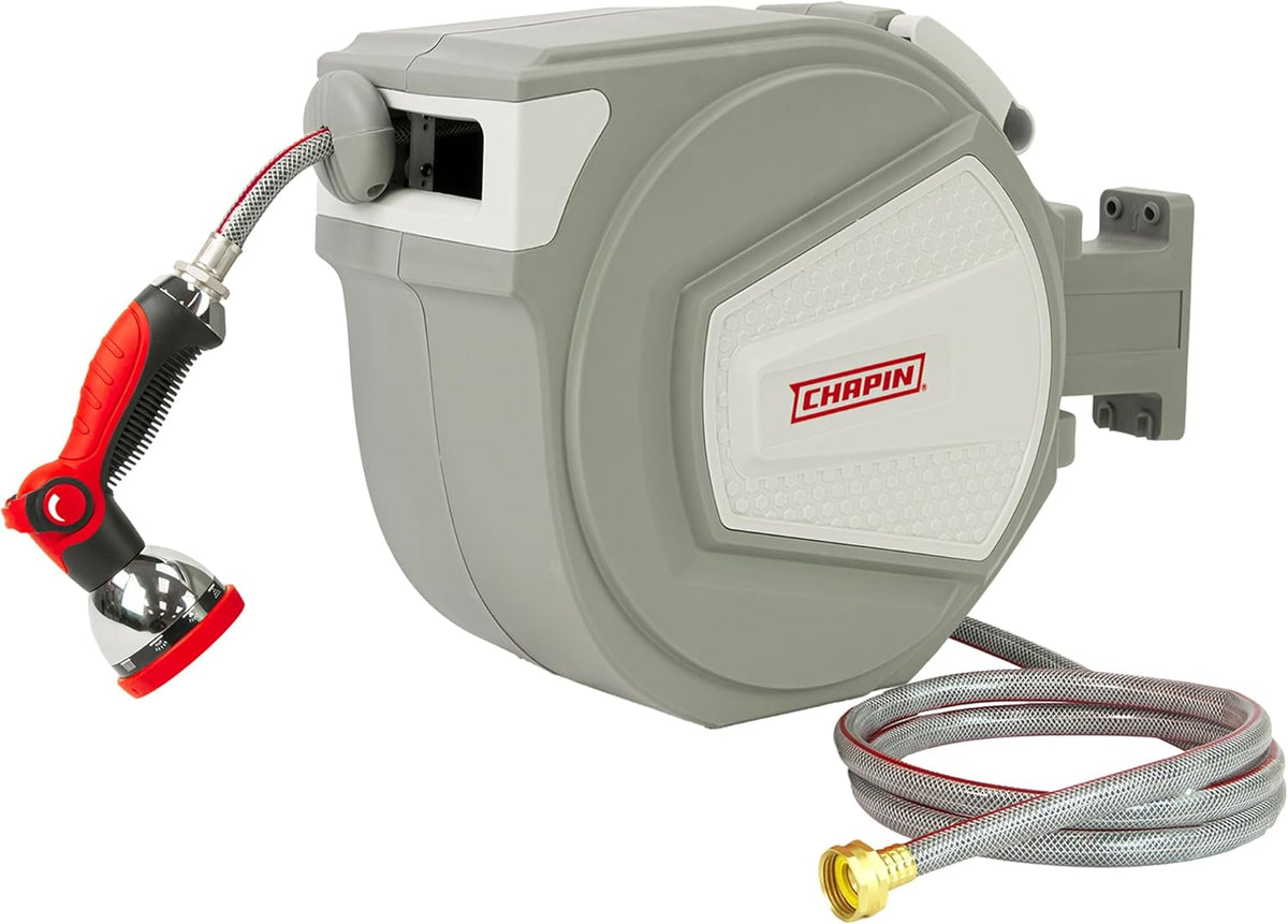 Chapin 5997 Garden Hose Reel, 65-feet Retractable, Wall Mounted Heavy-Duty Case, 180° Swivel Frame Mount, Automatic Retract, Locking Hose, 10 Position Metal Garden Hose Spray Nozzle