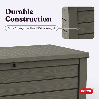 Keter 150 Gallon Resin Large Deck Box Organization and Storage Box for Patio, Outdoor Cushions, Garden Tools, Brown