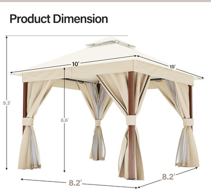 10x20 Gazebo Canopy with 100FT String Lights, Metal Heavy Duty Patio Canopy Tent with Double Roofs, Mosquito Nettings and Privacy Screens for Backyard, Garden, Lawn, Gray