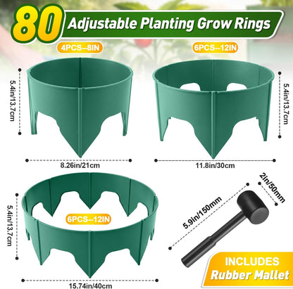50 Pcs Planting Grow Rings, Diameter Range 8.2-15.7 Inches, Adjustable Interlocking Plant Support Rings with Mallet, Reusable Tree Watering Ring for Garden Root Irrigation (Black)