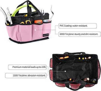 Housolution Gardening Tote Bag, Deluxe Garden Tool Storage Bag and Home Organizer with Pockets, Wear-Resistant & Reusable, 14 Inch, Pink