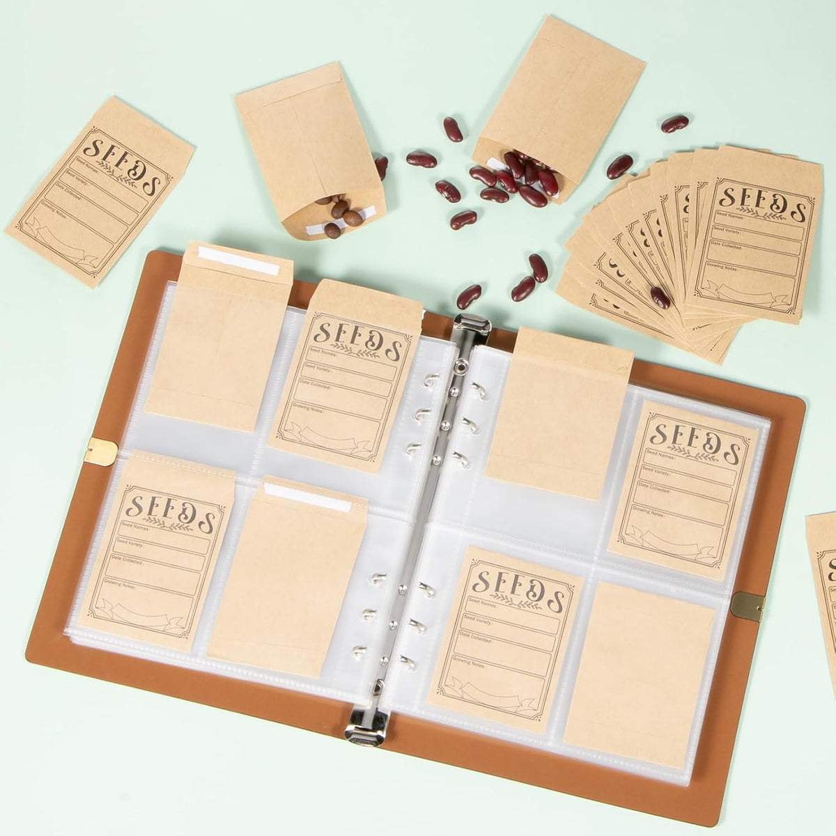 Garden Seed Storage Organizer Binder - 150 Resealable Seed Envelopes Brown Shell with 40 Sheet Protectors for Efficient Seed Packet Organization - Brown