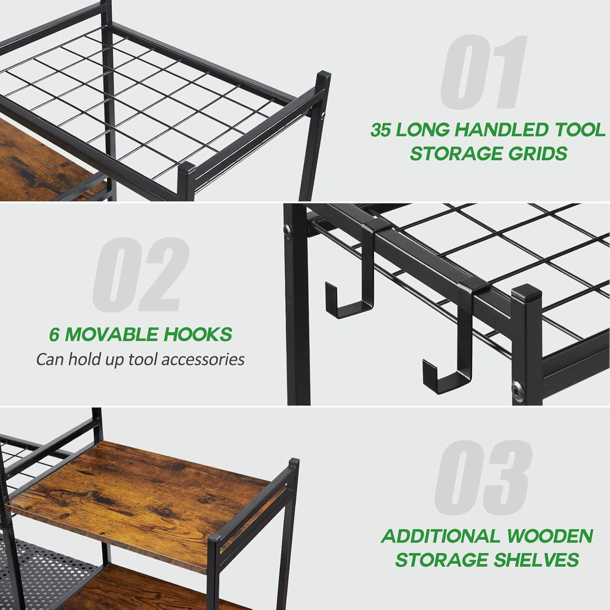 DAOUTIME Garden Organizer With Wheels, Yard Tower Rack for Garage Storage, Up to 35 Long-Handled Tools, Sturdy Metal Steel Holder With 3 Hooks, Outdoor, Black