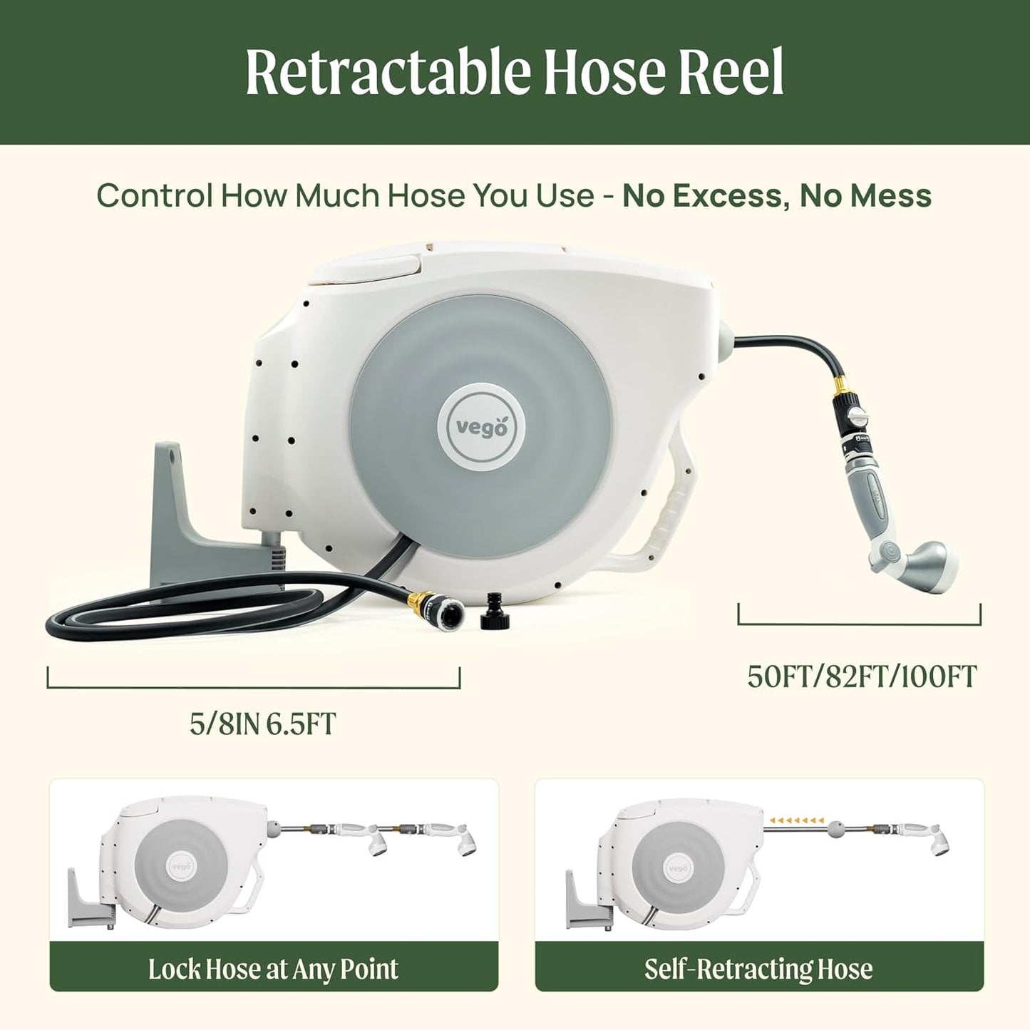 Vego Garden Hose Reel Retractable Hi-Flow Wall Mounted Hose Reel Automatic Rewind, Any Length Lock with 9 Patterns Sprayer Nozzle, Quick Connector and Adjustable shot Nozzle (Seaweed Green, 100ft)