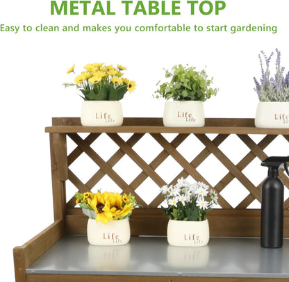 PetsCosset Folding Garden Potting Bench Table，Outdoor Wooden Work Station W/Metal Table Top,2 Tier Open Storage Rack,Top Shelf-Natural Stained