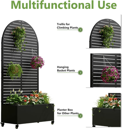Casaphoria Metal Raised Garden Bed with Trellis and Wheels, 72"x47"x16" Planter Box for Climbing Plants, Vegetables & Vines, Features Drainage Holes and Privacy Screen (Black-Louver) - Colors A