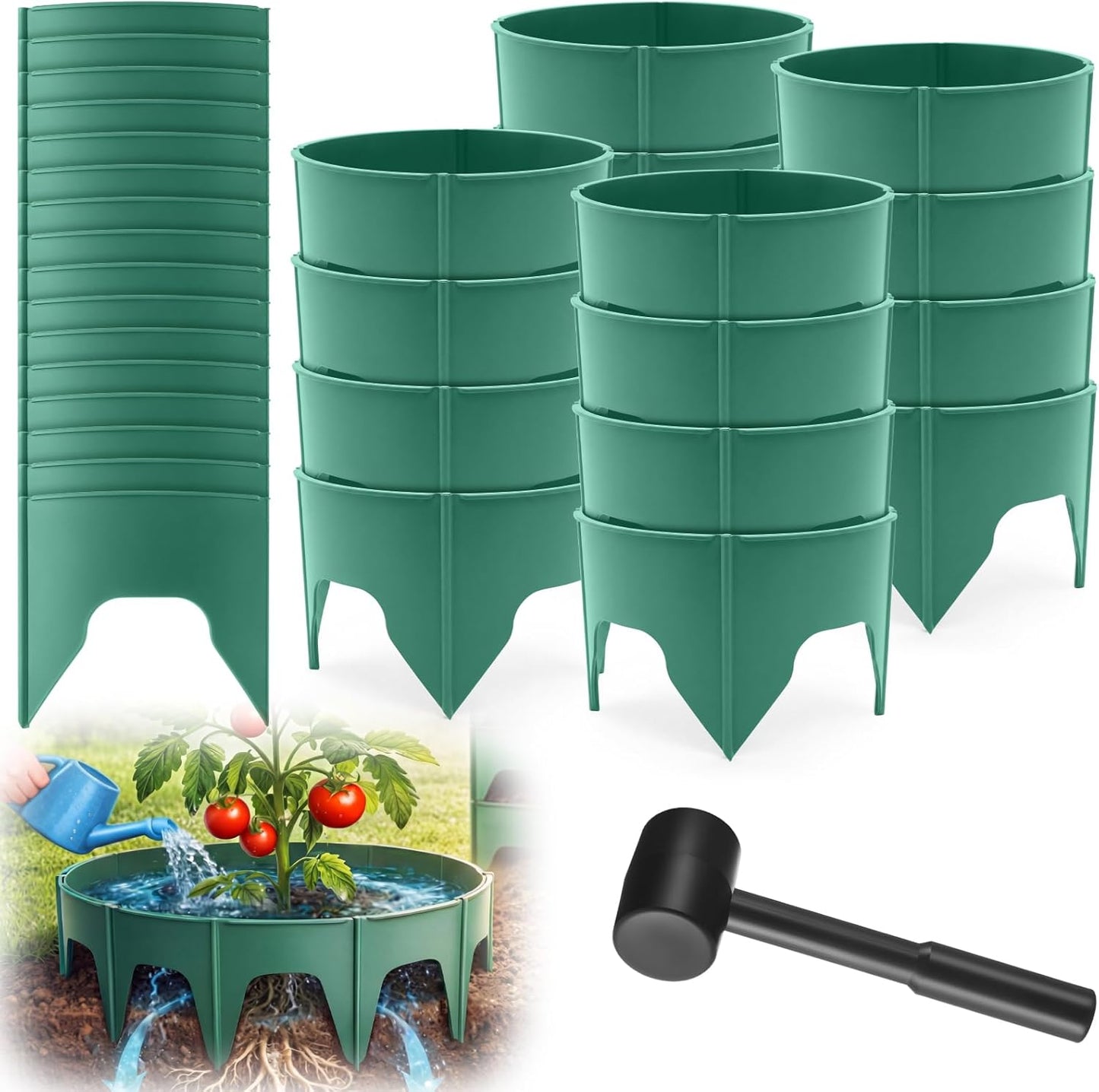 50 Pcs Planting Grow Rings, Diameter Range 8.2-15.7 Inches, Adjustable Interlocking Plant Support Rings with Mallet, Reusable Tree Watering Ring for Garden Root Irrigation (Black)