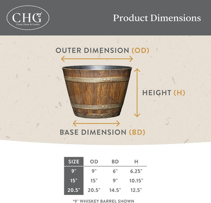 Classic Home & Garden by Growscape Whiskey Barrel Planters, Wooden Finish Flower Planter Pot, Decorative Garden Pots, Indoor Outdoor Resin Planters, Weather-Resistant Plant Pot (15” Oak Brown, 1-Pack)