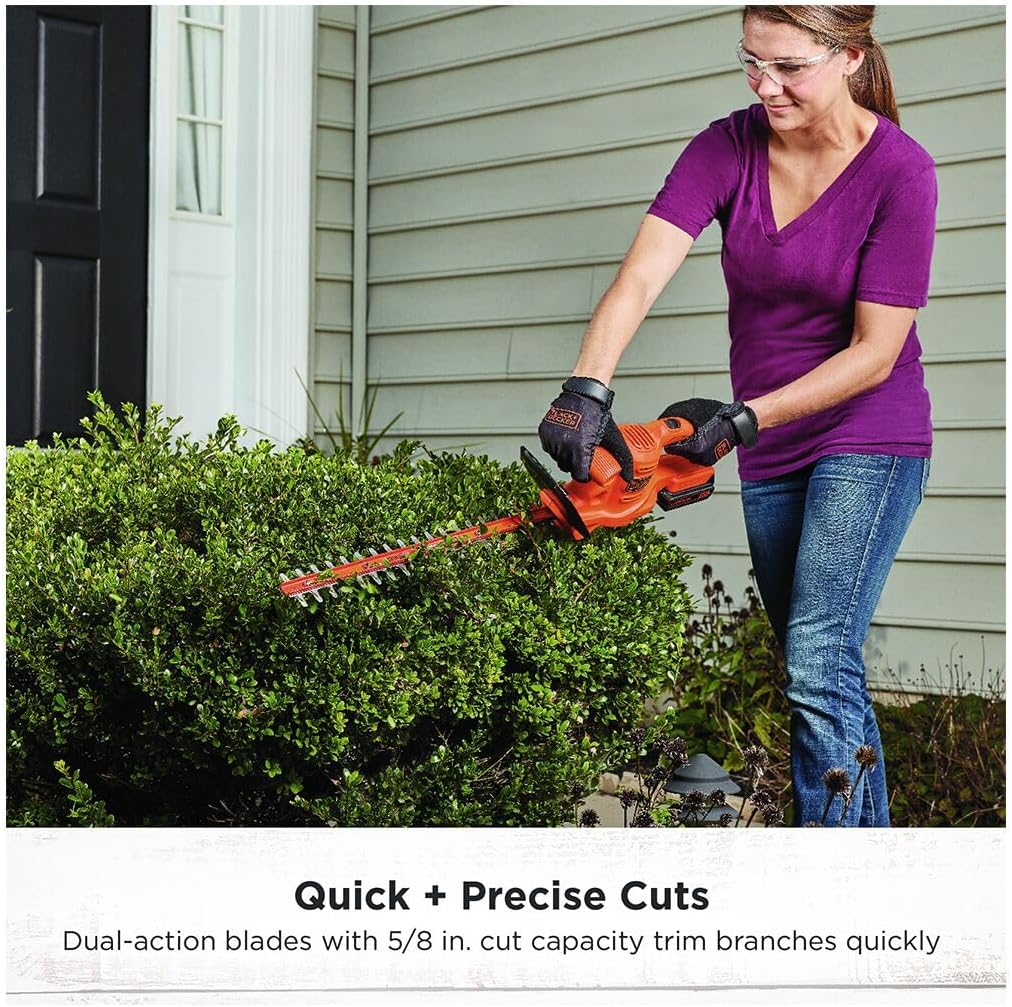 BLACK+DECKER 20V MAX Hedge Trimmer Cordless, 18 inch Blade, (1) Battery and Charger Included, Light Weight Reduced Vibration, Bush Trimmer Hedger (LHT218C1)