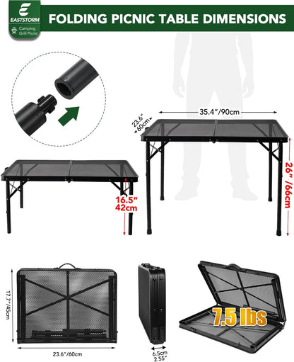 2Ft Small Folding Table with Carry Handle, Camping Table Adjustable Height 10.6–22 in, Black Metal Mesh, Portable & Compact for Outdoor/Indoor,Grill Table, 23.6×15.8 in, 4 lb, 66 lb Capacity