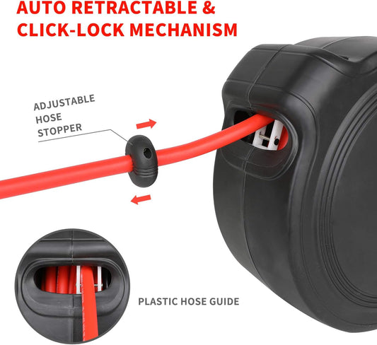 Hromee Air Compressor Hose Reel with Automatic Retractable Enclosed 3/8 Inch × 50 Feet Hybrid Pneumatic Hose, Fittings and Swivel Mount Bracket MAX. 300PSI