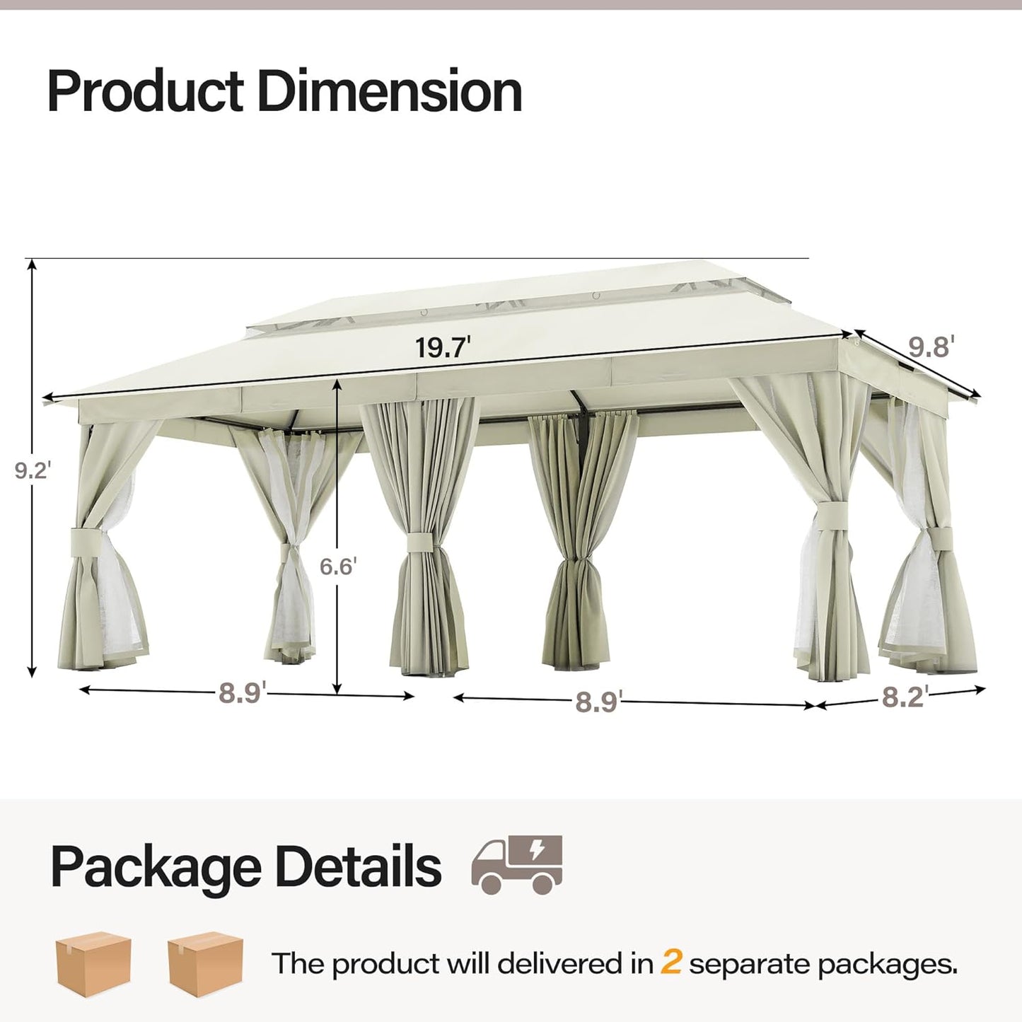 10x20 Gazebo Canopy with 100FT String Lights, Metal Heavy Duty Patio Canopy Tent with Double Roofs, Mosquito Nettings and Privacy Screens for Backyard, Garden, Lawn, Gray