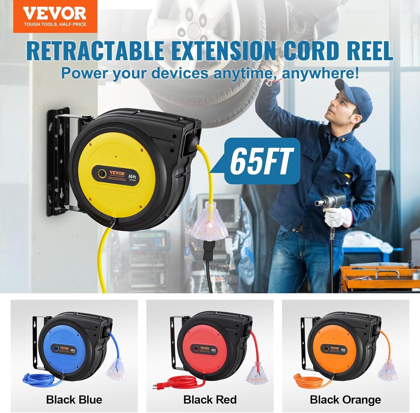 65FT Retractable Extension Cord Reel, Heavy Duty 12AWG/3C SJTOW Cord