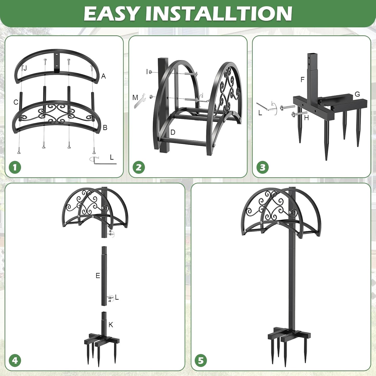 OLV Hose Holder Holds 150-ft Water Pipe, Outdoor Freestanding Heavy Duty Water Hose Holder Reel with 4 Spikes, Detachable Metal Hose Storage Stand Hanger Rack for Outside Yard Lawn Farm, Black
