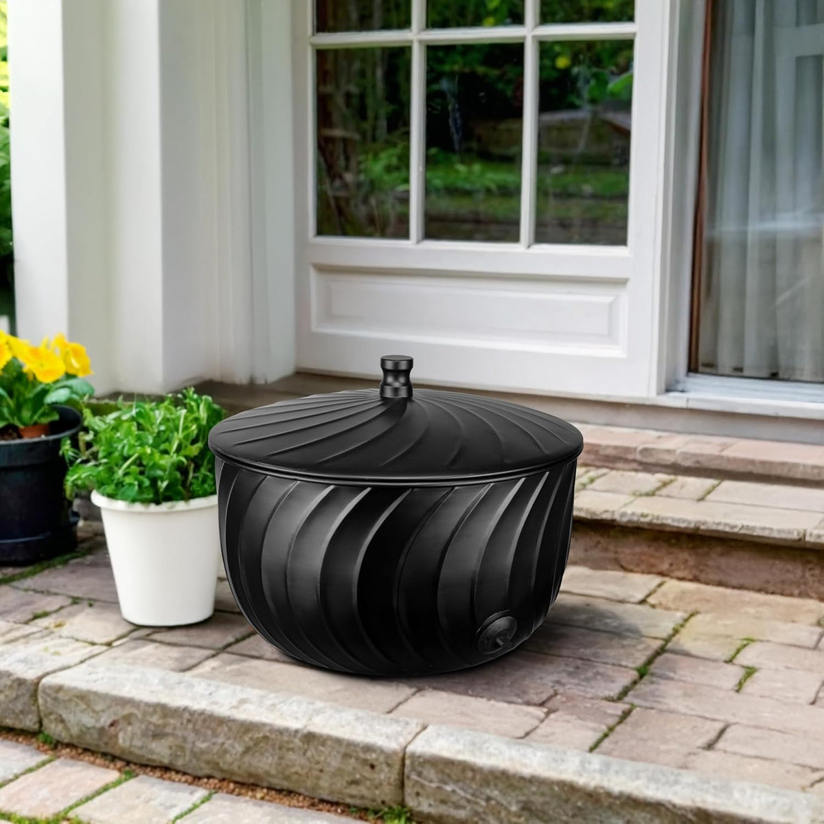 Monarch Abode Garden Hose Holder with Lid – Decorative Water Hose Holders for Outside, Wave Embossed Metal Matte Black Pot with Drainage, 100ft Waterhose Holder for Outside, Garden Storage Caddy