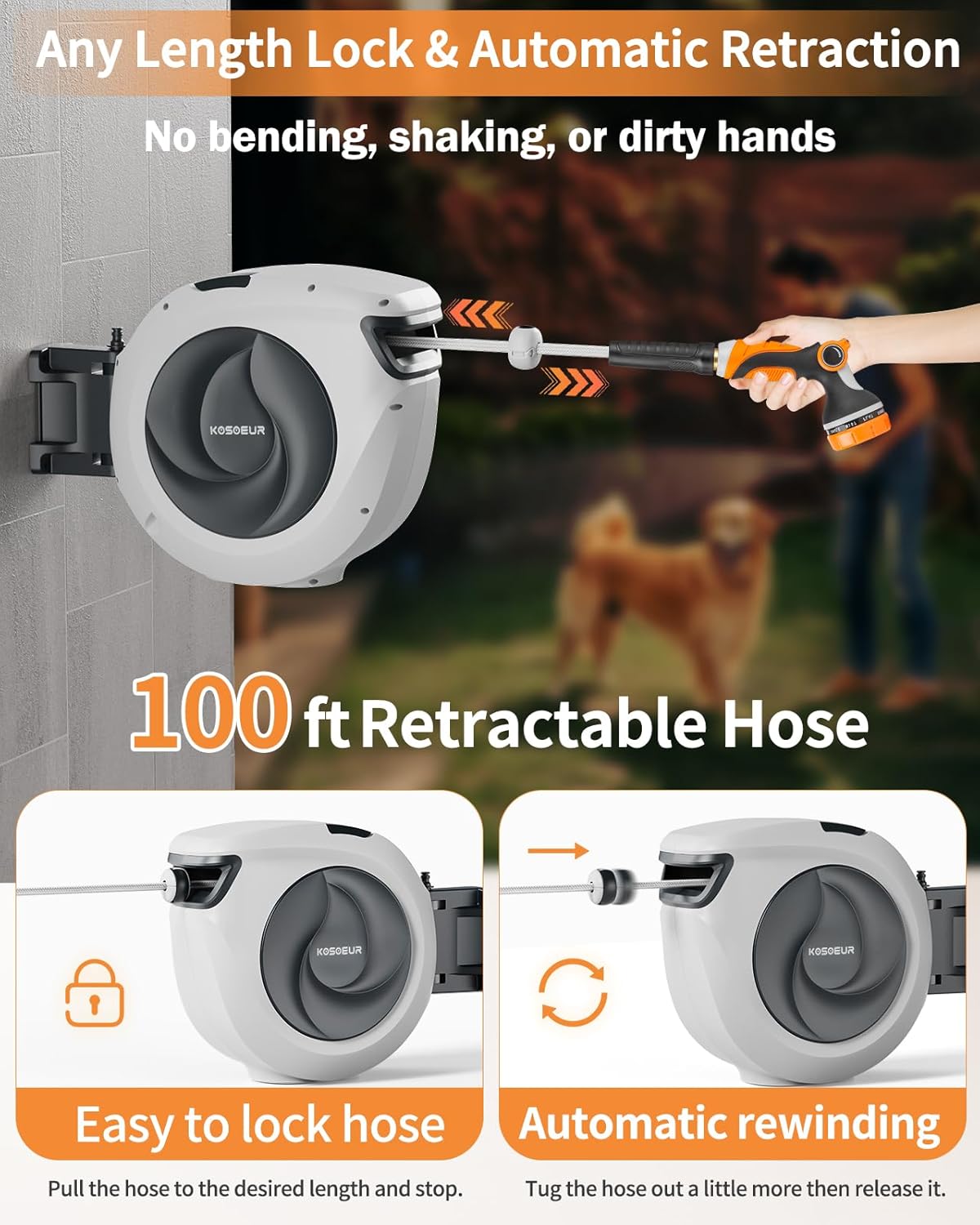 KOSOEUR Retractable Garden Hose Reel, 1/2 In X 100 ft Retractable Hose Reel, Automatic Retractable Water Hose Reels for Outside with 10 Pattern Nozzle, Any Length Lock Auto-retract 180° Swivel Bracket
