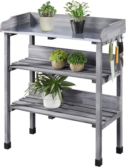 Yaheetech Outdoor Garden Potting Bench Table Wooden Horticulture Planting Worstation w/Metal Tabletop/Storage Shelf/3 Hooks, Natural Wood