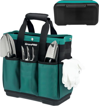 GrenPRO Garden Tool Bag Molded Bottom, Heavy Duty Tool Tote Toolbox with 10 Pockets, Reinforced & Top Snap Closure for Gardening Tools Storage, Dark Green(Tools Not Included)
