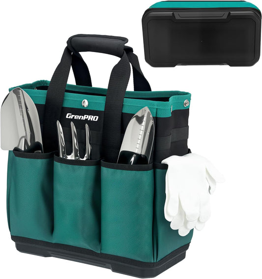 GrenPRO Garden Tool Bag Molded Bottom, Heavy Duty Tool Tote Toolbox with 10 Pockets, Reinforced & Top Snap Closure for Gardening Tools Storage, Dark Green(Tools Not Included)
