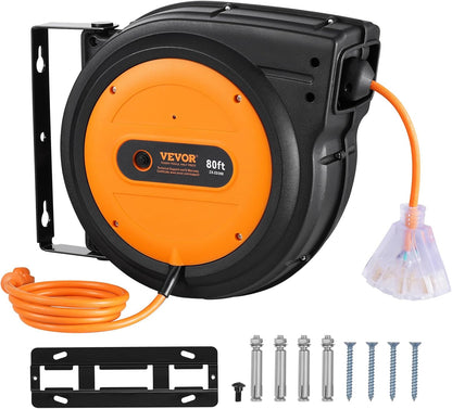 65FT Retractable Extension Cord Reel, Heavy Duty 12AWG/3C SJTOW Cord