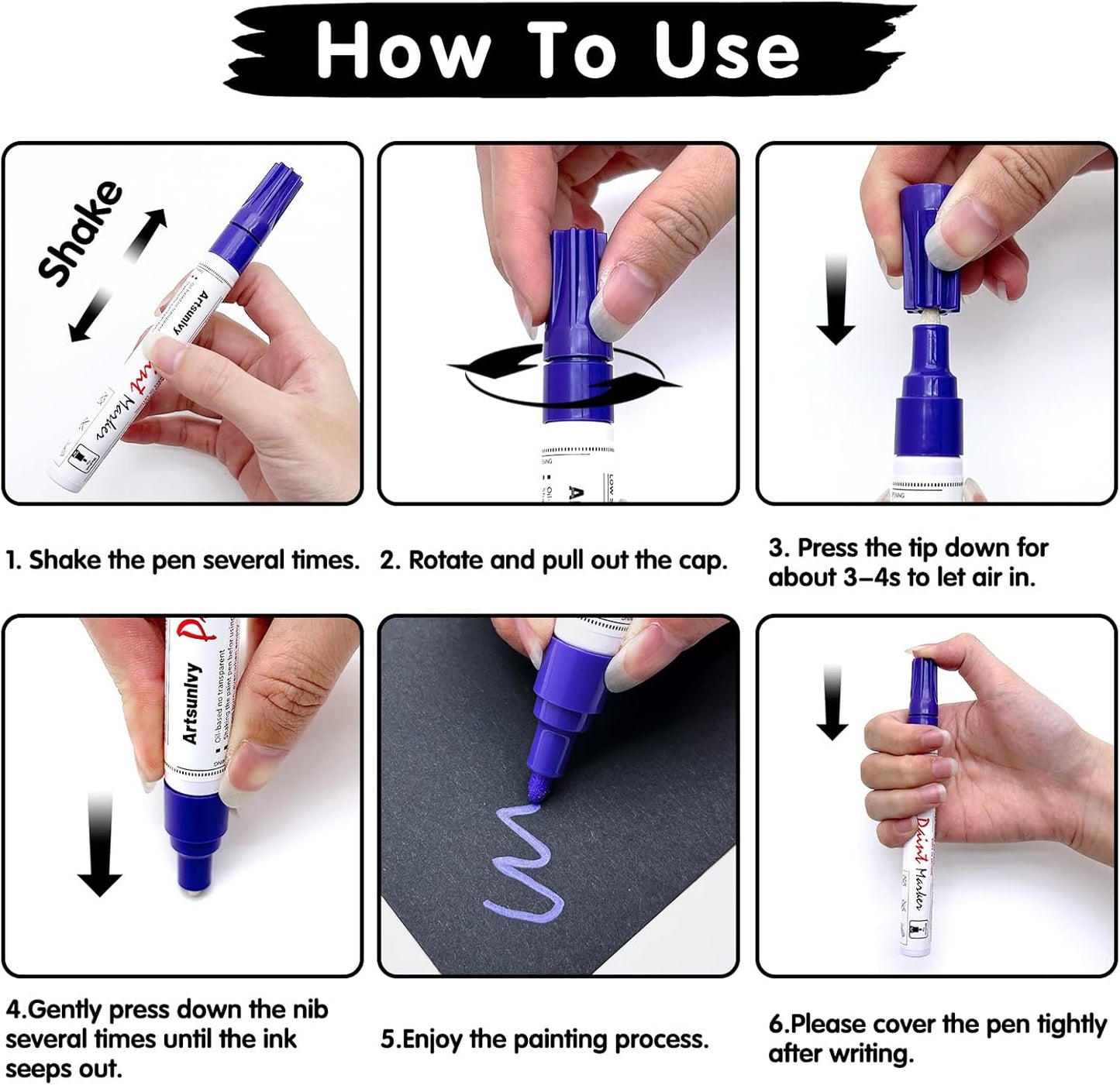 Artsunlvy White Paint Pens marking pens Permanent Markers - 2 Pack Oil Based Waterproof Markers for Tire, Rubber,Wood, Rocks, Metal, Canvas,Plastic, Dark Surface,Craft office Supplies,Medium Point