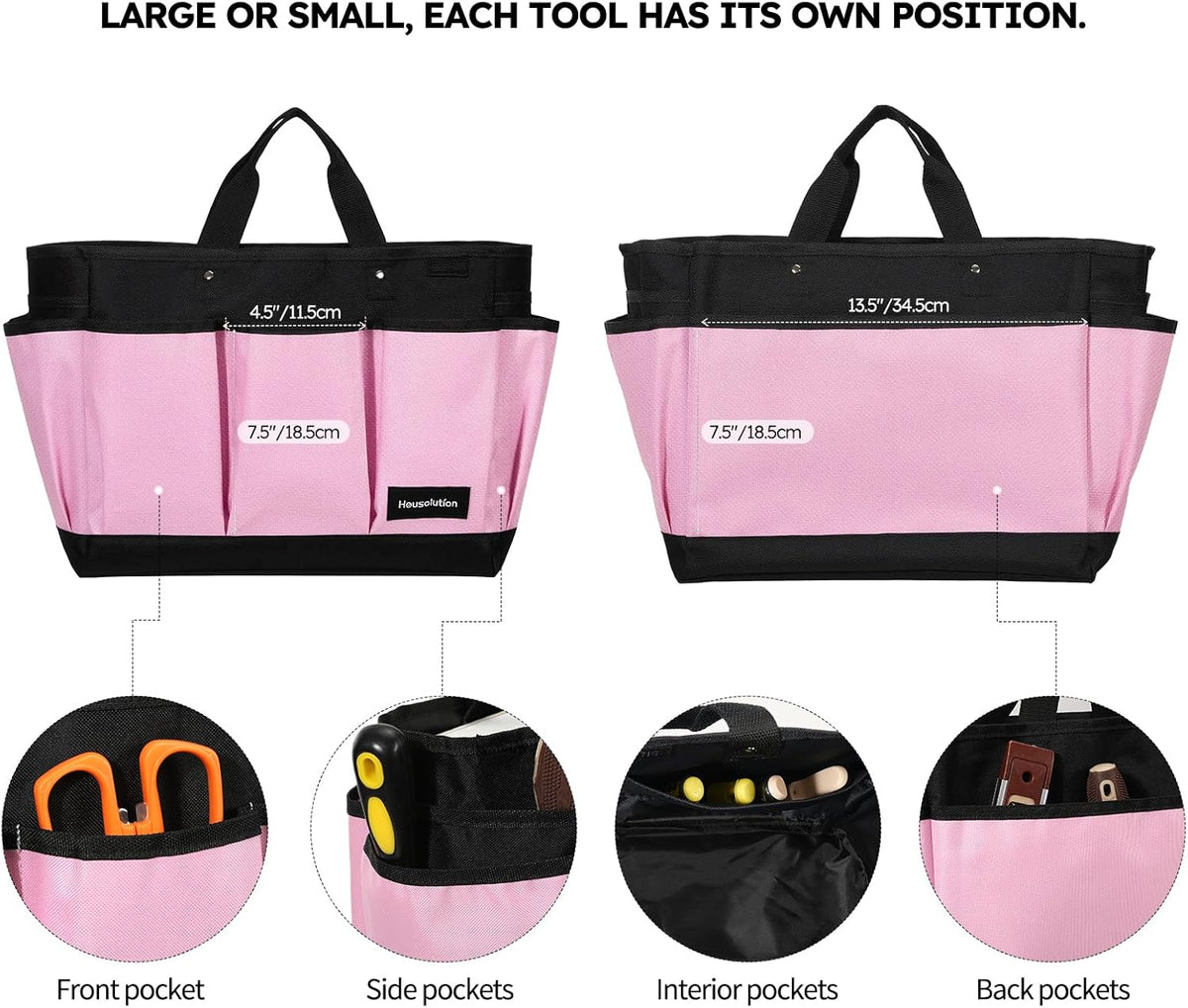 Housolution Gardening Tote Bag, Deluxe Garden Tool Storage Bag and Home Organizer with Pockets, Wear-Resistant & Reusable, 14 Inch, Pink