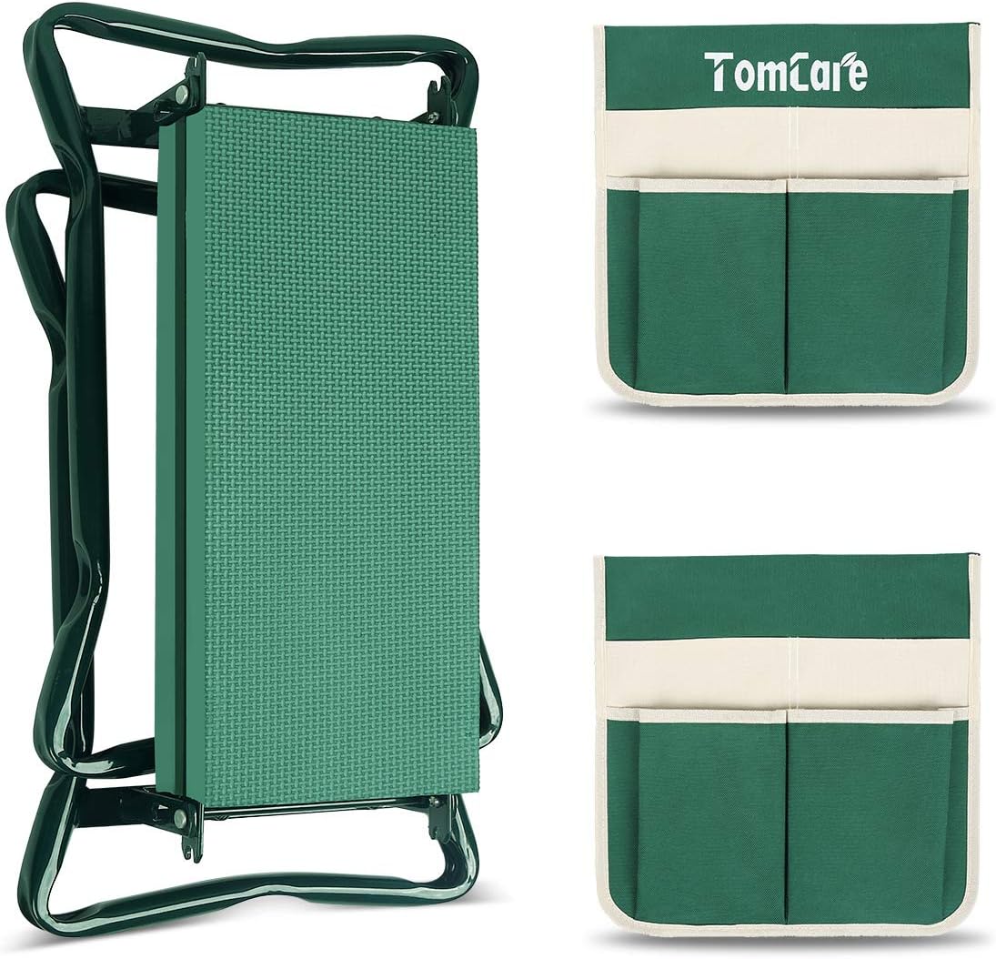 TomCare Garden Kneeler and Seat 10.64” Wider Larger Soft Kneeling Pad Garden Bench with 2 Large Tool Pouches Heavy Duty Garden Stool Foldable Tools Gardening Gifts for Women Men Gardeners