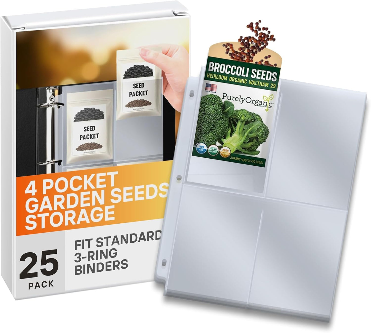 Seed Storage Organizer Sleeves, 100 Pockets (25 Pack) 3.5x5, Heavy Duty Polypropylene, Top Loading 4 Pocket Seed Packet Organizer Pages for 3 Ring Binder, Archival Safe - Performore