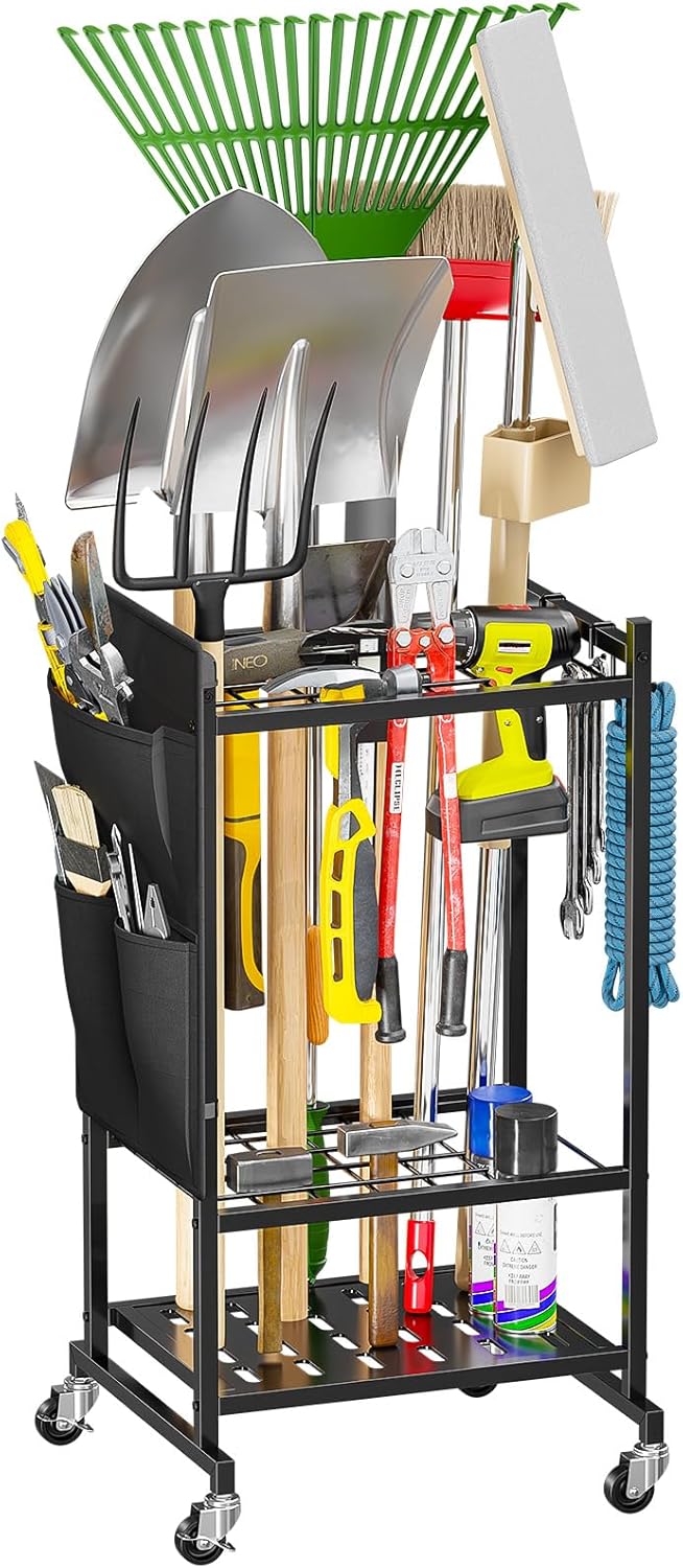 Garden Tool Organizer with Wheels, Rolling Yard Tool Tower Rack Carts for Garage Organization with Large Tool Bags with Pockets, Up to 35 Long-Handled Tools/Rakes/Brooms for Shed, Outdoor, Black