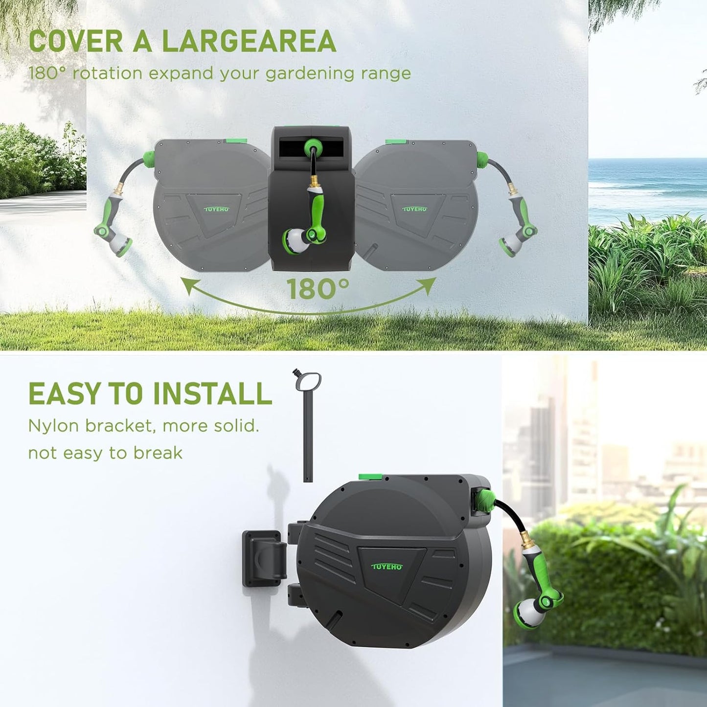 Tuyeho Retractable Garden Hose Reel 100FT, Wall Mount Heavy Duty Water Hose Reels with Automatic Slow Rewind System, Outdoor Hoses Reel with 2 Hose Nozzles for Garden Watering, Car Wash, Pet Shower