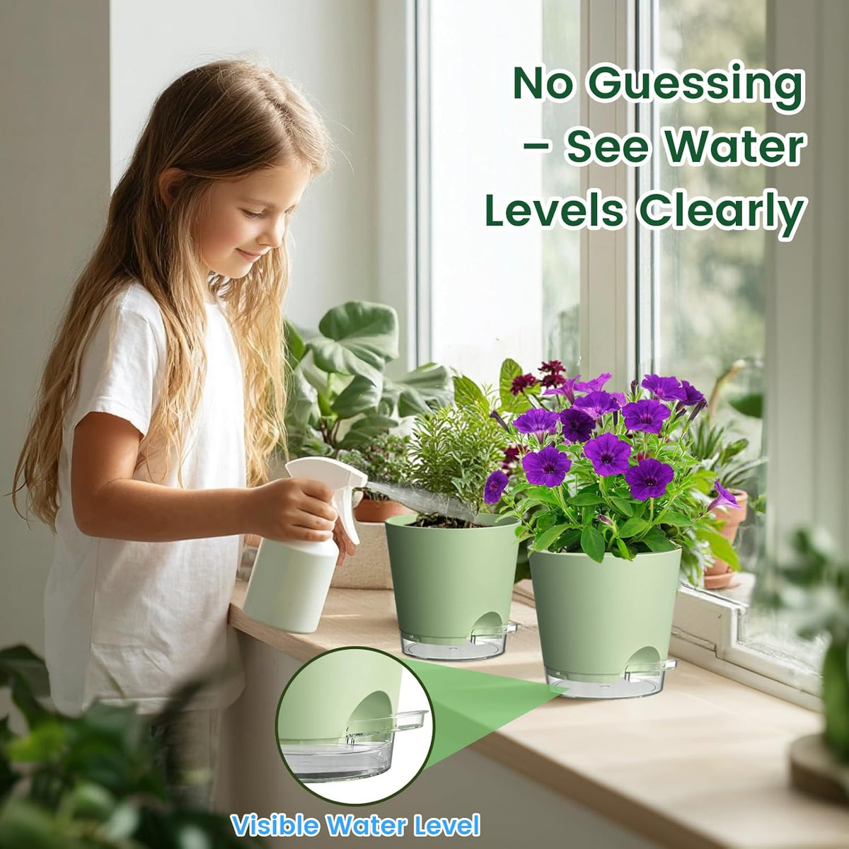Meowell Self Watering Pots Pack of 6 – Different Size 4" to 7" Indoor Plant Pots with Drainage Holes and Clear Reservoir for Visible Water Level, Plastic Wicking Planters for House Plants, White