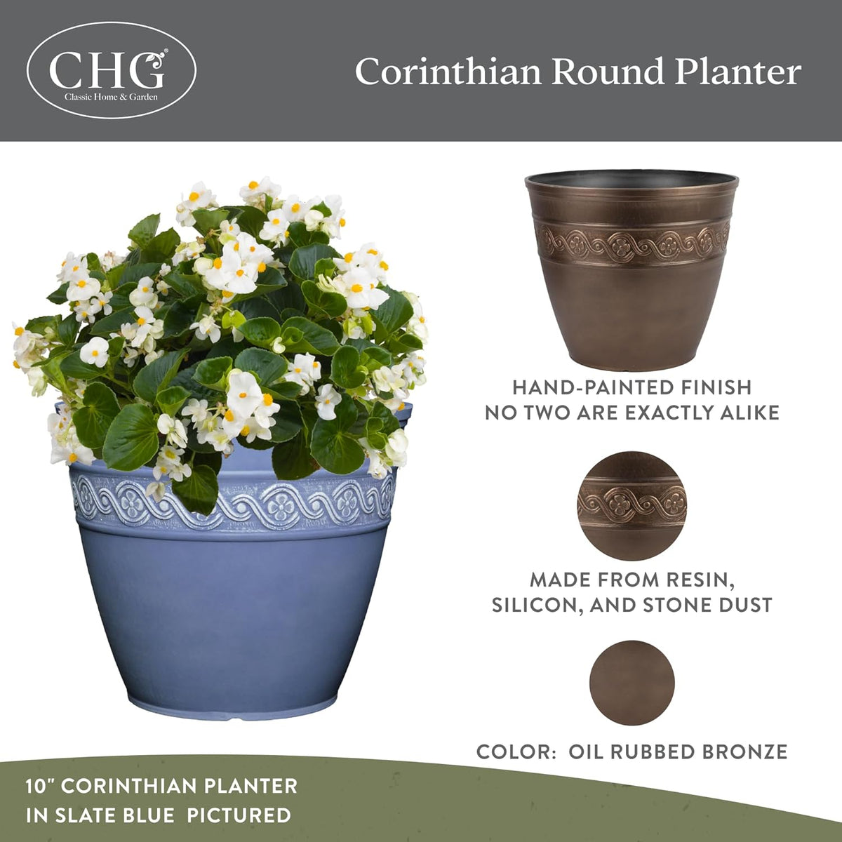 Classic Home and Garden Corinthian Resin Planter Pot - Outdoor & Indoor Plant Pot - Round Planter for Plants & Flowers (10" Storm Gray, Pack of 1)