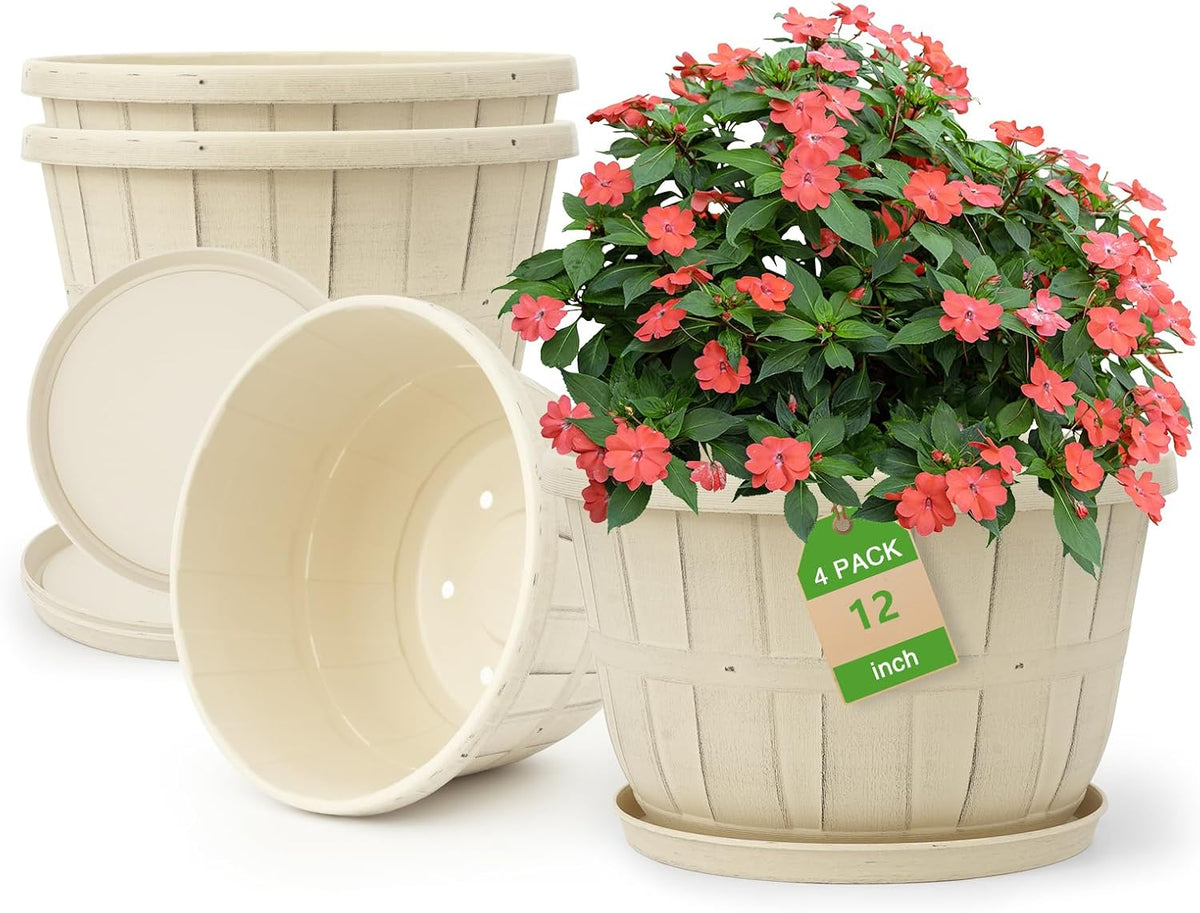 Quarut 14 Inch Plastic-Flower-Pot-for-Indoor-Plants, 4 Pack Large Outdoor Planter Pot with Drainage Holes & Saucers, Resin Decorative Garden Pots Planters（Brown）