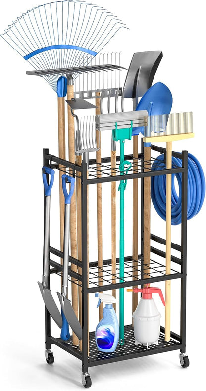 DAOUTIME Garden Organizer With Wheels, Yard Tower Rack for Garage Storage, Up to 35 Long-Handled Tools, Sturdy Metal Steel Holder With 3 Hooks, Outdoor, Black