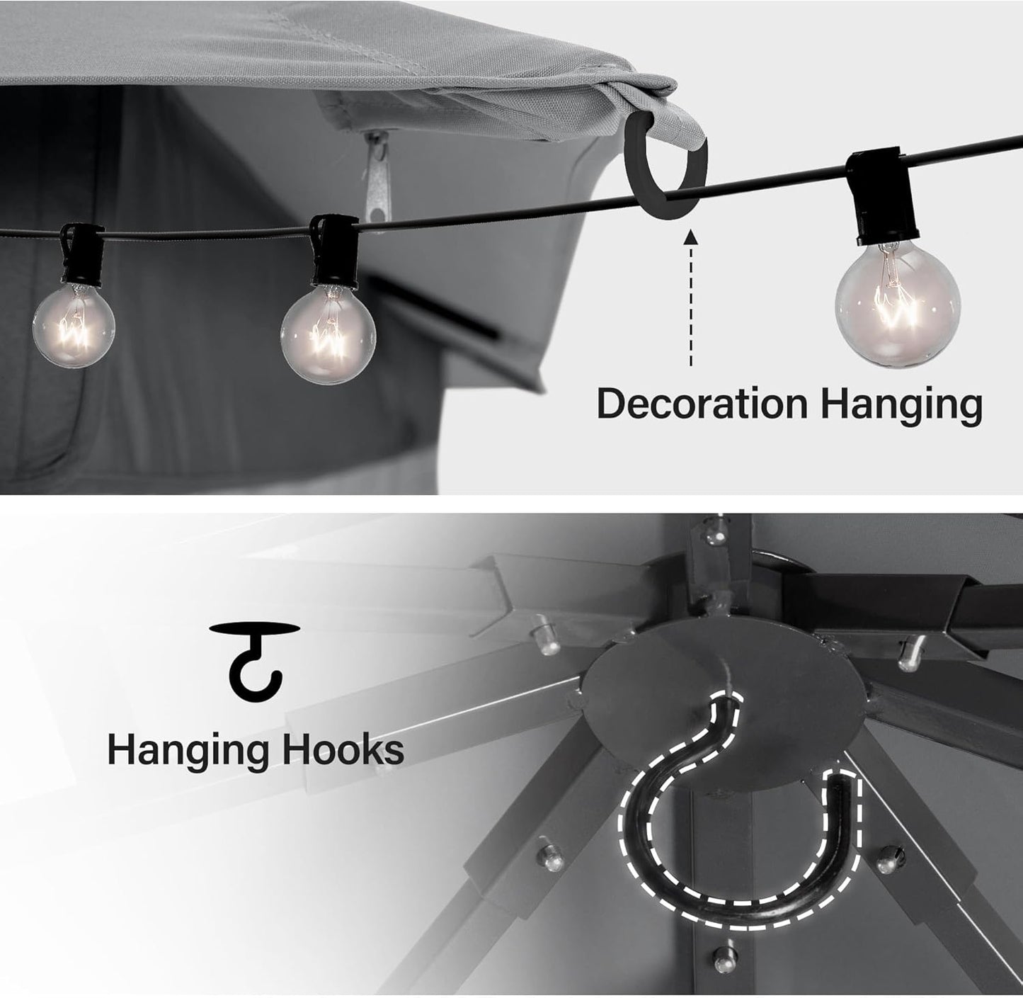 10x20 Gazebo Canopy with 100FT String Lights, Metal Heavy Duty Patio Canopy Tent with Double Roofs, Mosquito Nettings and Privacy Screens for Backyard, Garden, Lawn, Gray