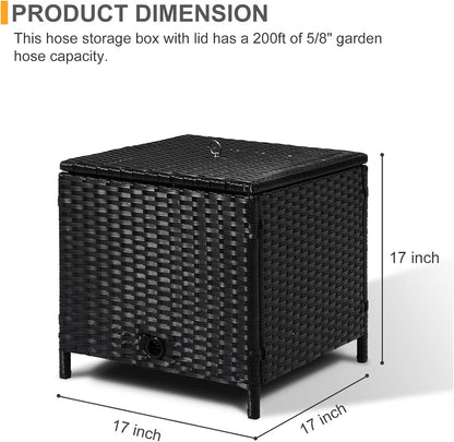Decorative Garden Hose Storage Box with Lid, Weather Resistant Handwoven PE Rattan Water Hose Holder, Storage For Garden Tools, 200FT 5/8'' Hose Capacity