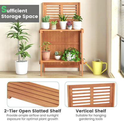 Garden Potting Bench Table, Folding Potting Bench Outdoor Workstation with Trellis & 2-Tier Shelves, Wood Potting Table for Outdoor, Deck, Balcony, Garden, Backyard