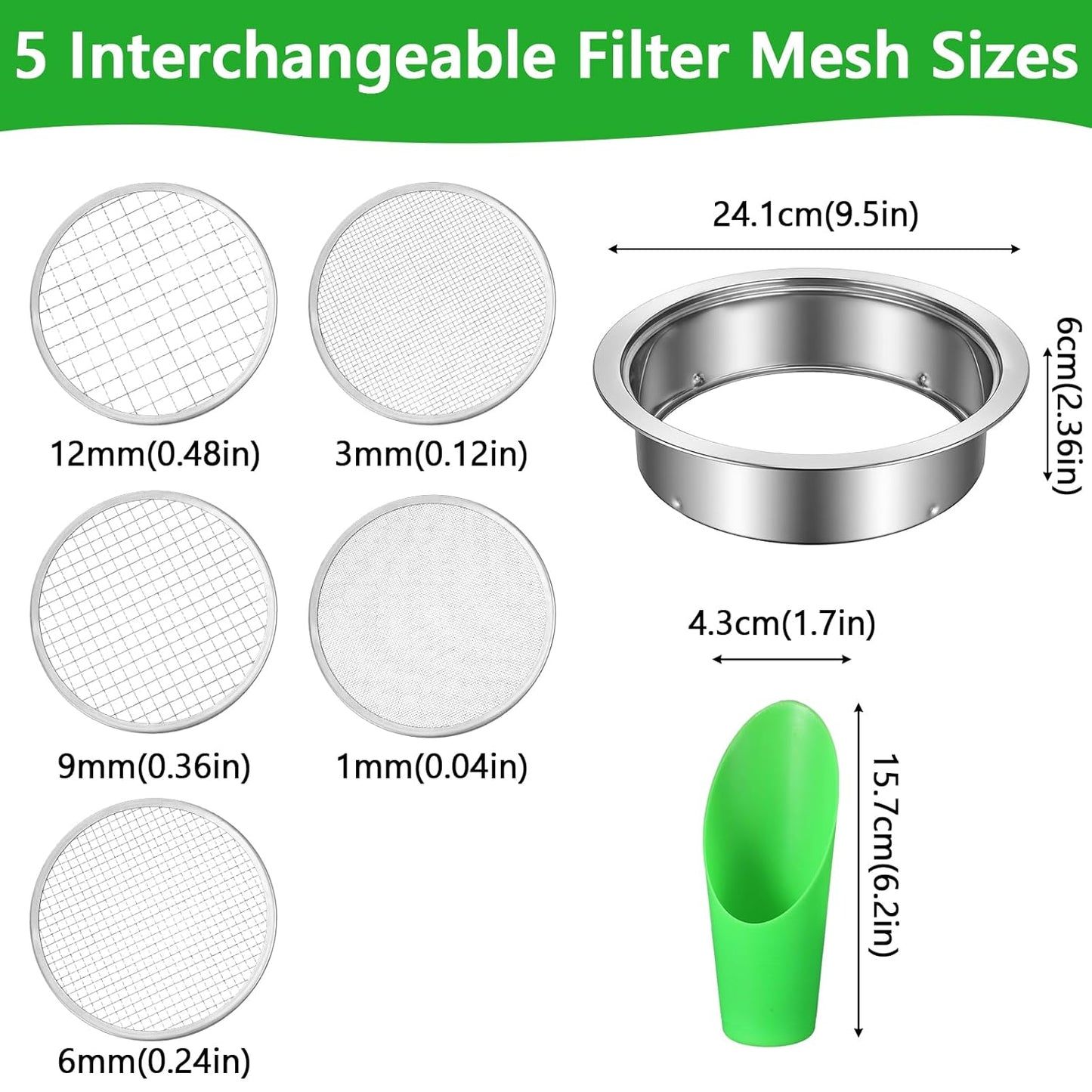 Kifmurase Stainless Steel Soil Sifter for Gardening, Sand Sifter Tool with Interchangeable Mesh Screens(1,3,6,9,12mm) and Scoop Shovel, Bonsai Soils Scoops Set, Garden Sieve Soils Sifters for Gravel