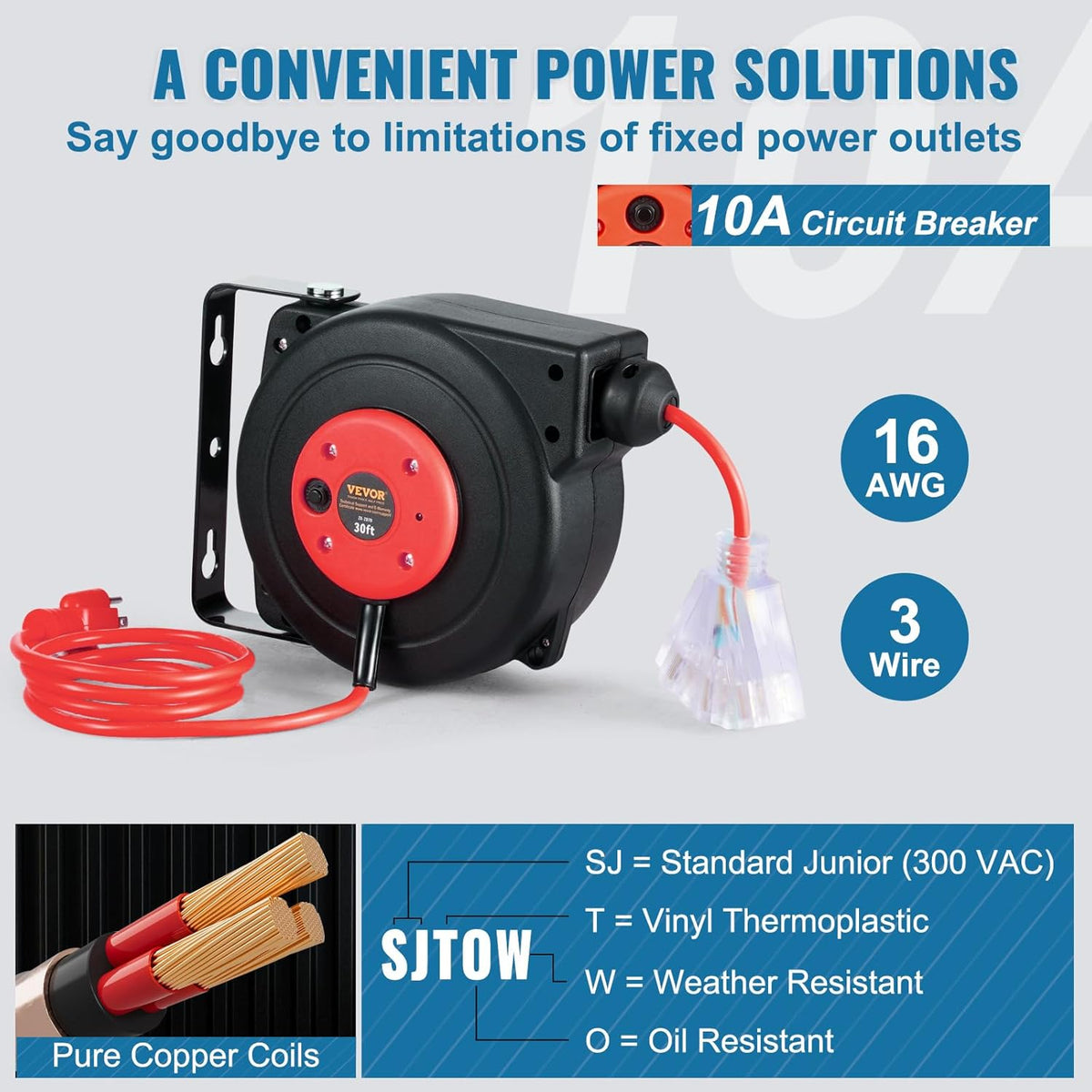 65FT Retractable Extension Cord Reel, Heavy Duty 12AWG/3C SJTOW Cord