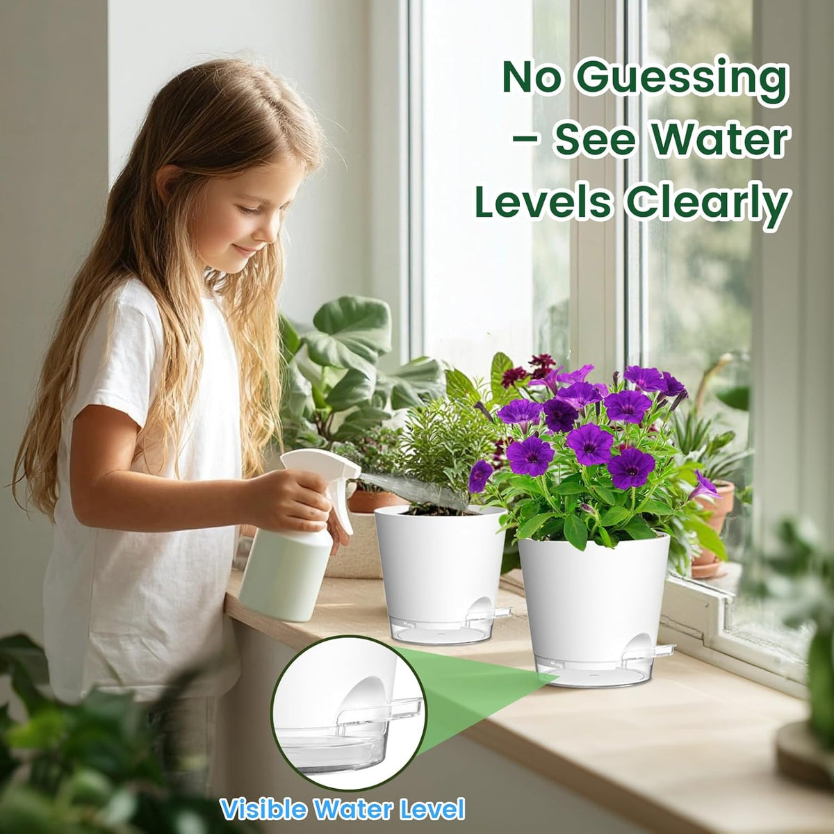 Meowell Self Watering Pots Pack of 6 – Different Size 4" to 7" Indoor Plant Pots with Drainage Holes and Clear Reservoir for Visible Water Level, Plastic Wicking Planters for House Plants, White