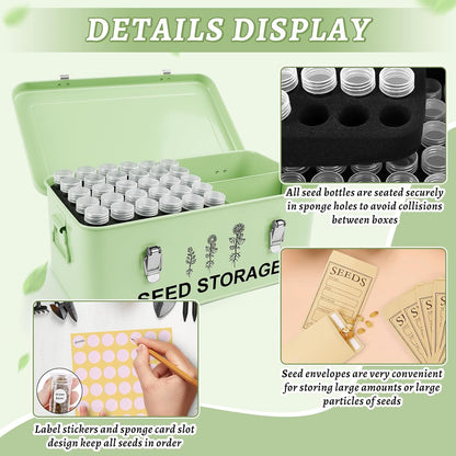 60 Slots Seed Storage Organizer, Metal Seed Saving Box with Lid and Safety Locks, Seeds Storage Container with 60 Seeds Envelopes and 64 Label, 3 Compartments, Perfect for Flower Plants Garden