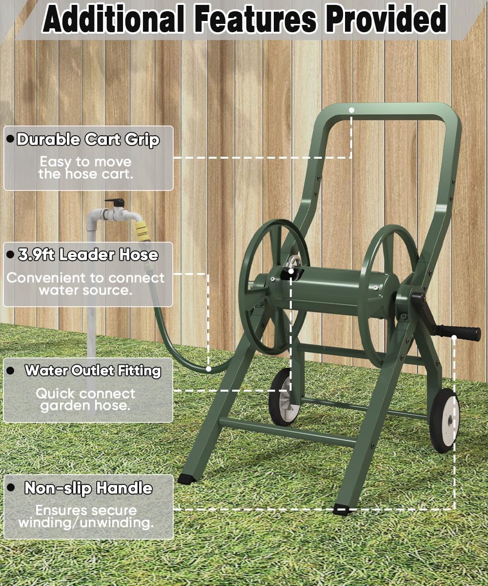 Artigarden Garden Hose Reel Cart with Wheels, Outdoor Heavy Duty Powder-coated Steel Water Storage Winder Holder, Holds 125 ft of 5/8’’ Hose with 3.9 Ft Leader Hose for Outside Lawn Yard, Black