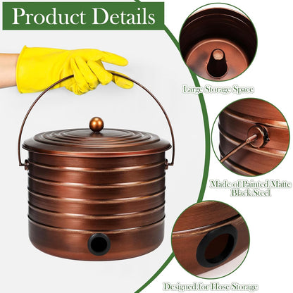 FillTouch Garden Hose Pot with Lid and Handle, Matte Black Ribbed Steel Garden Hose Holder Water Hose Storage Container for Outside Backyard Patio, Holds 100ft Hose