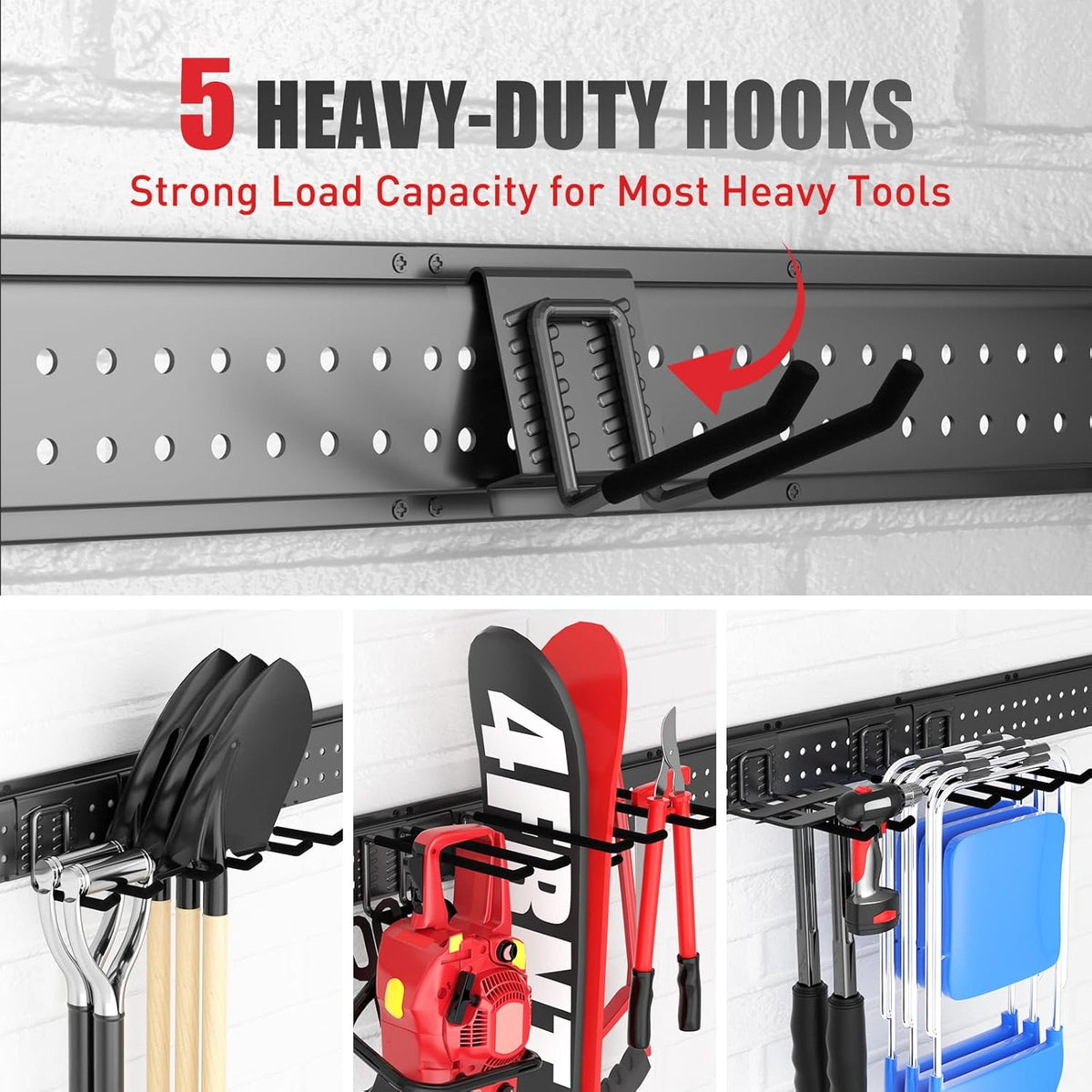 Garage Tool Organizer Wall Mount 48 inches with 10 Adjustable Heavy-Duty Hooks, Garage Organization, Garden Tool Storage Rack, Yard, and Shed, Holds Up to 400 lbs