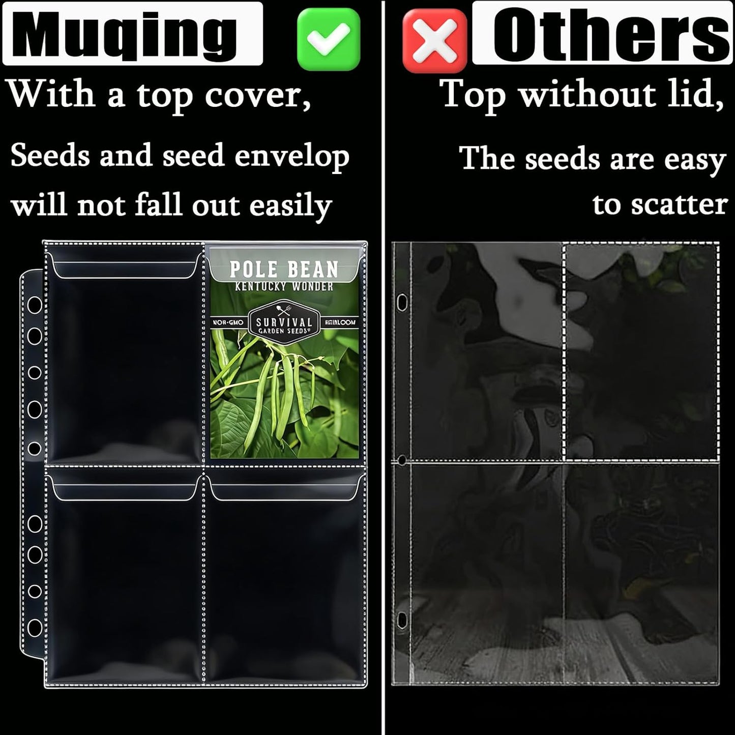 MUQING Seed Storage Organizer Binder, Holds 200 Seed Packets with Flip-Top Lid Sleeves, 50 Pages + 12 Monthly Cards + 4-Season Color-Coded Dividers, Faux Leather Seed Keeper Book for Gardeners (Green)
