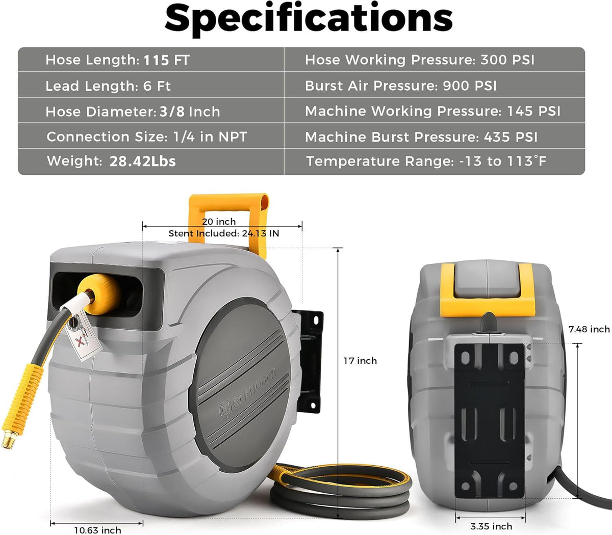 GLAHODEN Retractable Air Hose Reel, 3/8 in x 100 Ft Hybrid Hose Air Compressor Hose Reel with 6 Ft Lead in Max 300 PSI Patented Design for Any Length Lock 180°Swivel Bracket Quick Coupler